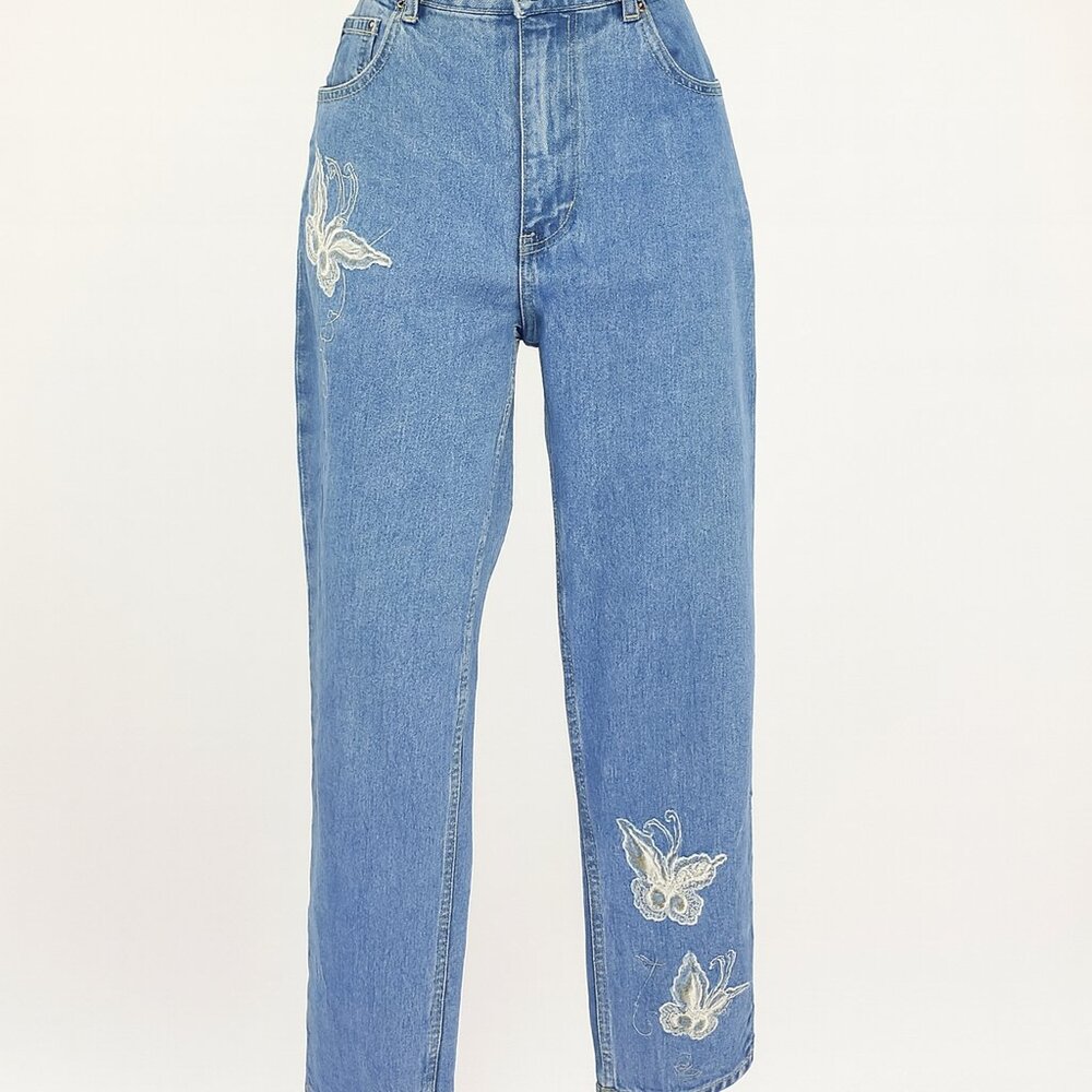 The Quacker Factory Size 8 Straight Skinny Leg Light Blue Denim Jeans Butterflys